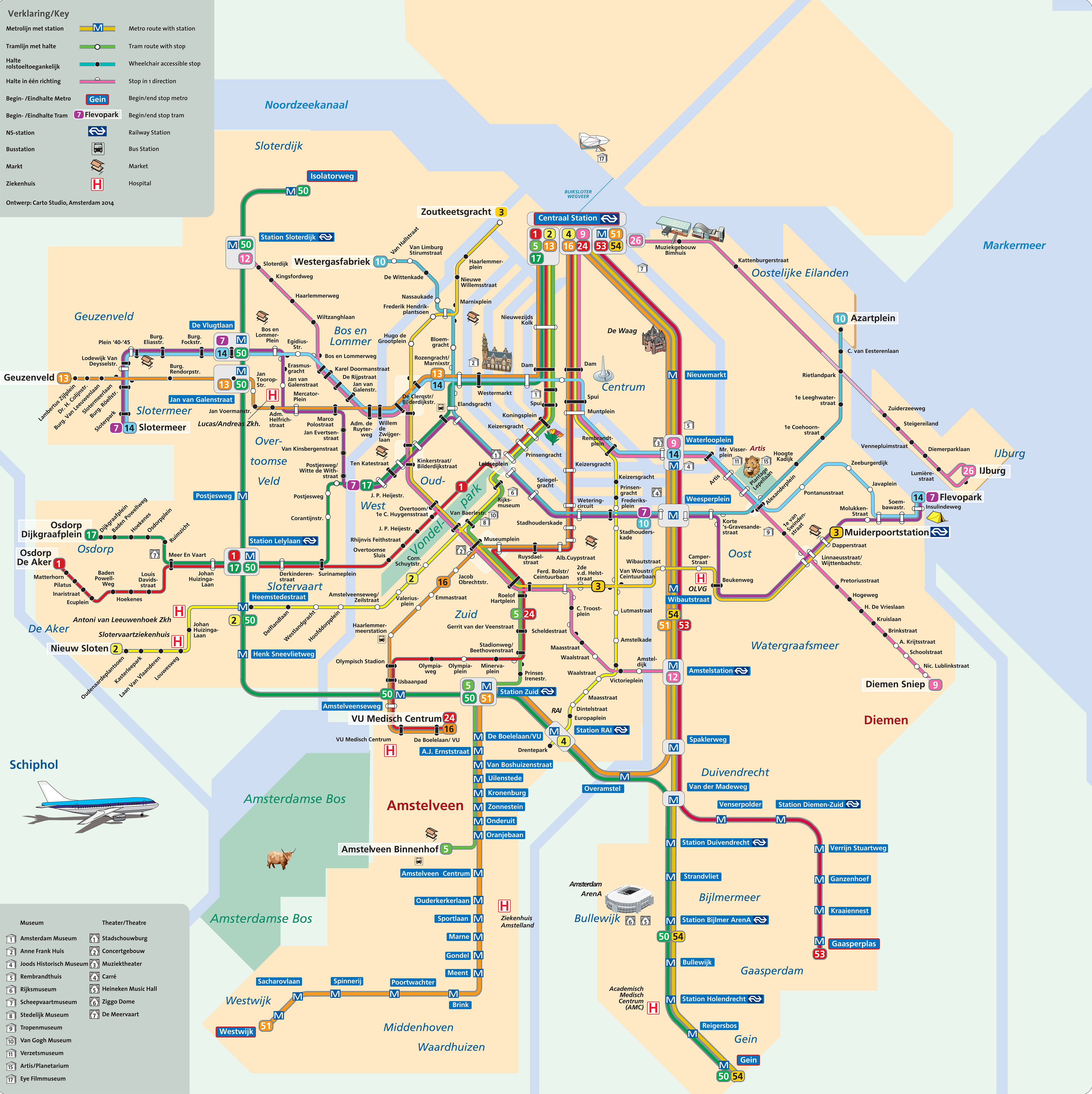Map of Amsterdam tram: stations & lines